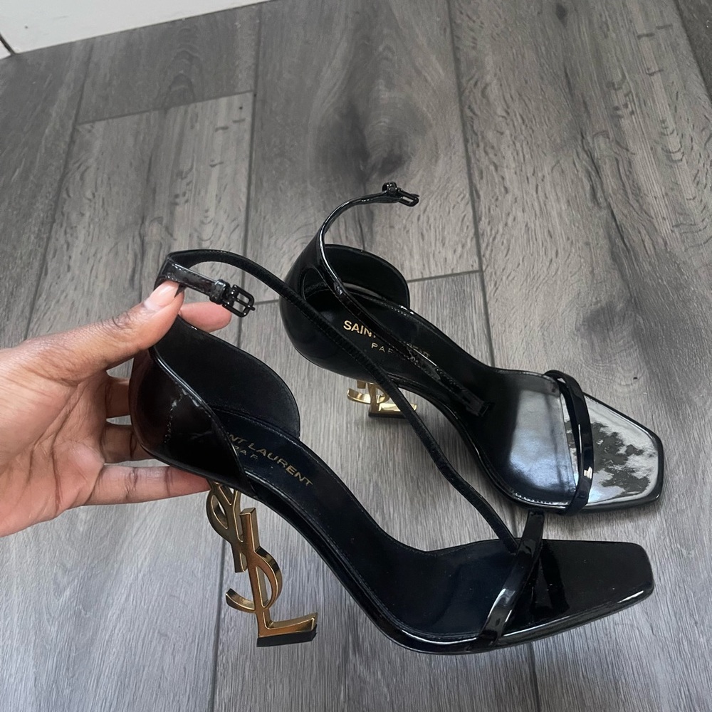 Saint Laurent Black and Gold Strappy Heels